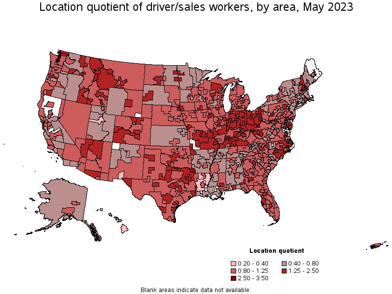 Map of location quotient of driver/sales workers by area, May 2023