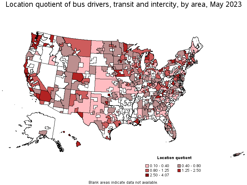 Map of location quotient of bus drivers, transit and intercity by area, May 2023