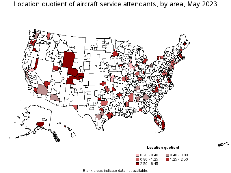 Map of location quotient of aircraft service attendants by area, May 2023