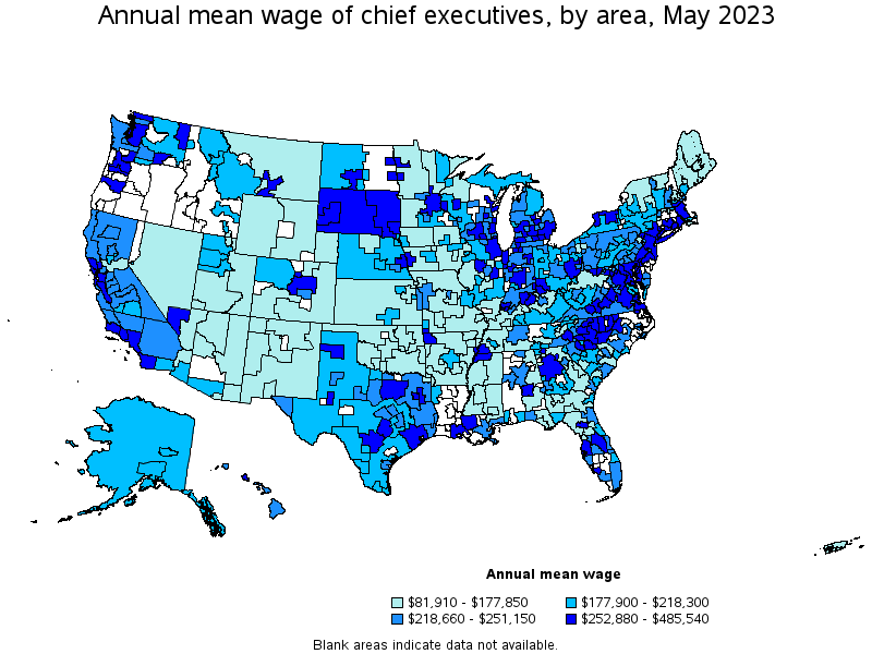 Map of annual mean wages of chief executives by area, May 2023