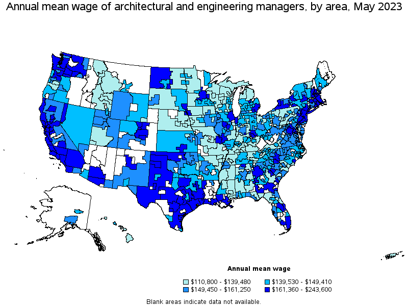 Map of annual mean wages of architectural and engineering managers by area, May 2023