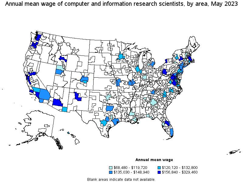 Map of annual mean wages of computer and information research scientists by area, May 2023