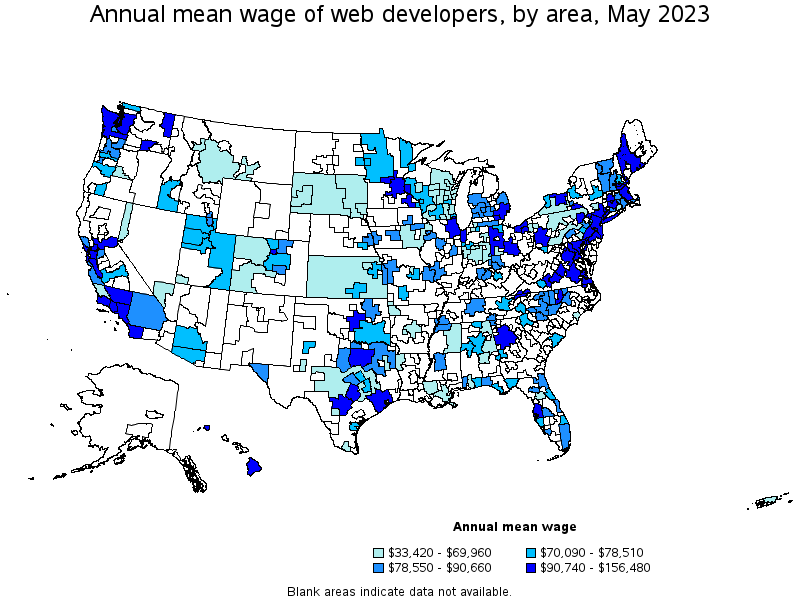 Map of annual mean wages of web developers by area, May 2023