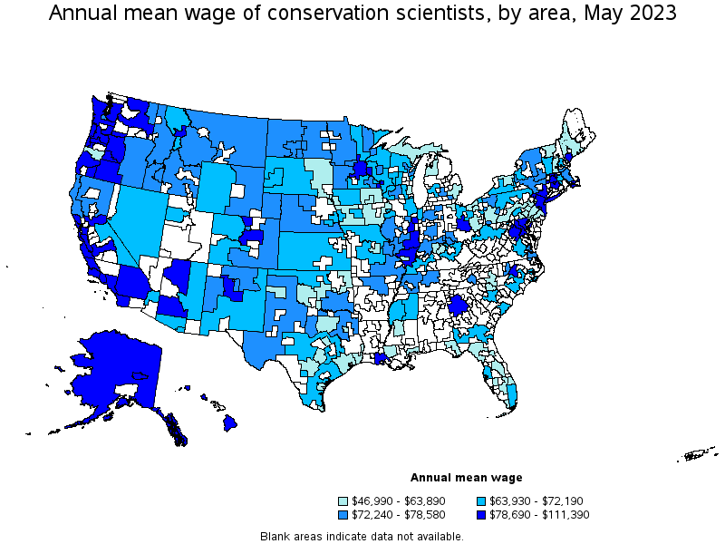 Map of annual mean wages of conservation scientists by area, May 2023
