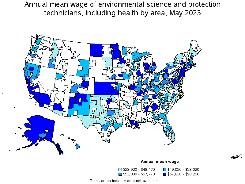 Map of annual mean wages of environmental science and protection technicians, including health by area, May 2023