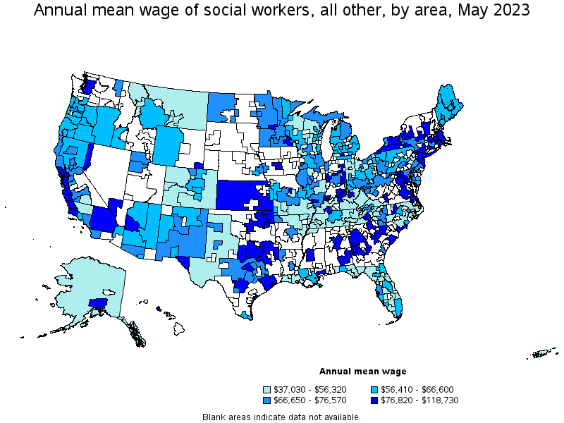 Map of annual mean wages of social workers, all other by area, May 2023