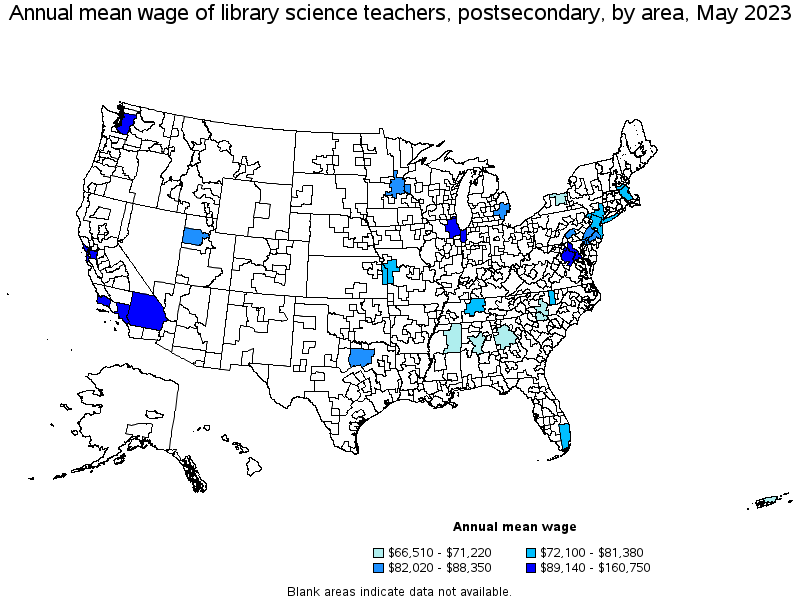 Map of annual mean wages of library science teachers, postsecondary by area, May 2023