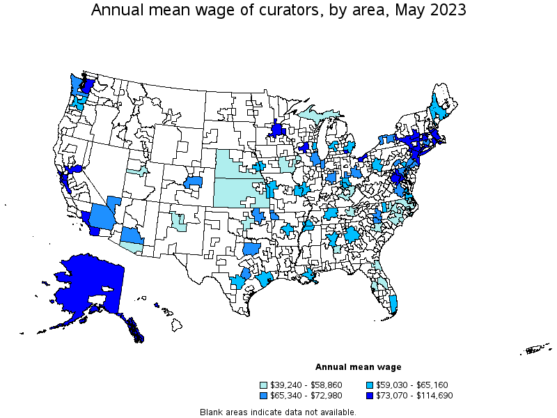 Map of annual mean wages of curators by area, May 2023
