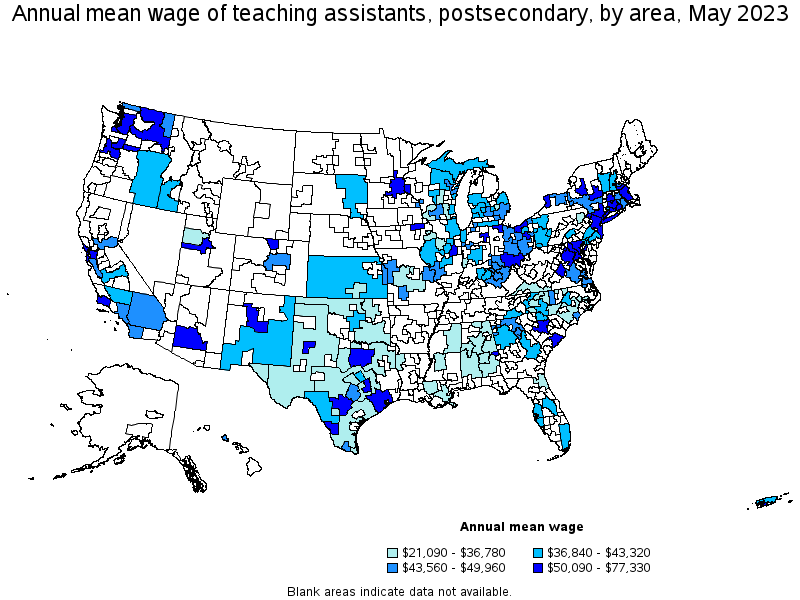 Map of annual mean wages of teaching assistants, postsecondary by area, May 2023