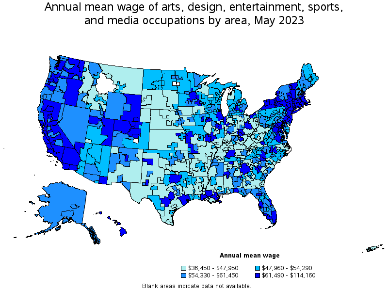 Map of annual mean wages of arts, design, entertainment, sports, and media occupations by area, May 2023