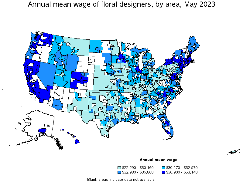 Map of annual mean wages of floral designers by area, May 2023