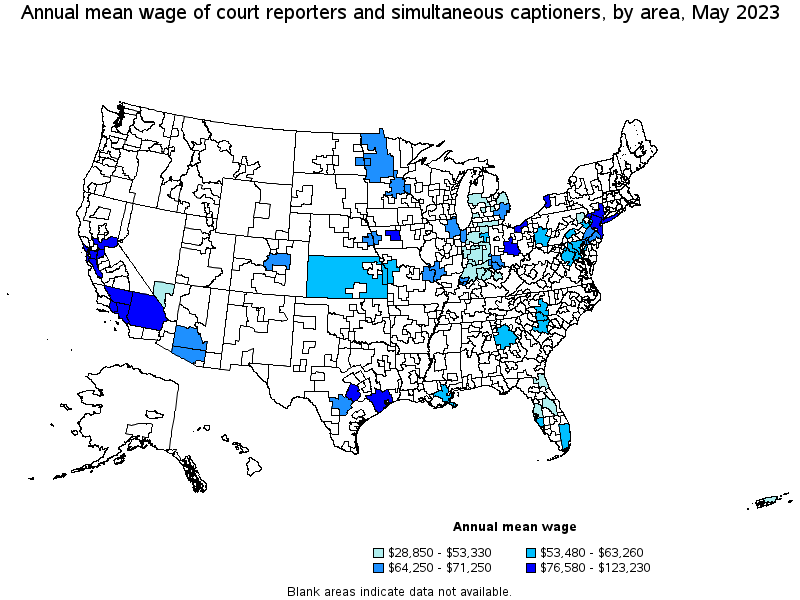 Map of annual mean wages of court reporters and simultaneous captioners by area, May 2023