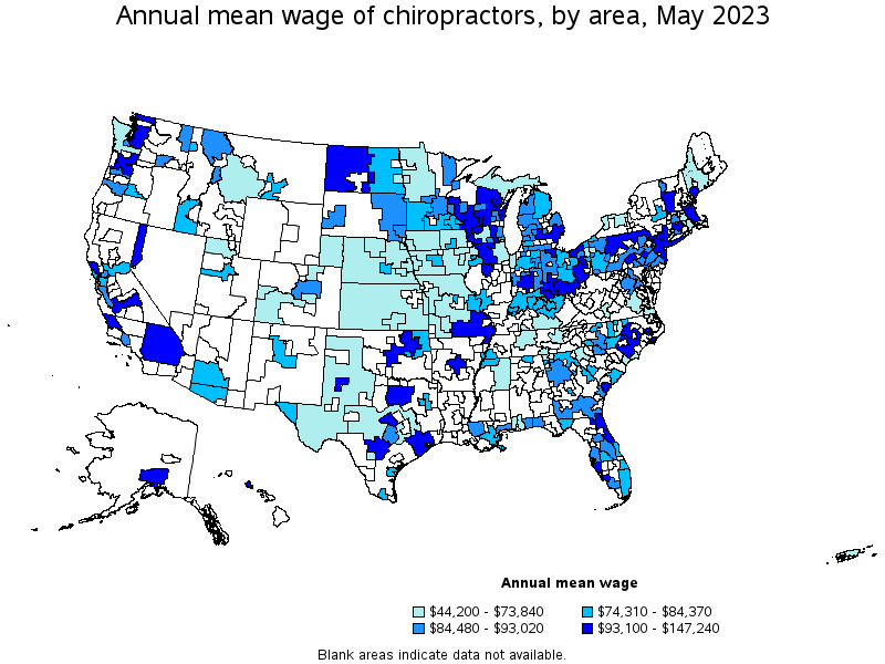 Map of annual mean wages of chiropractors by area, May 2023