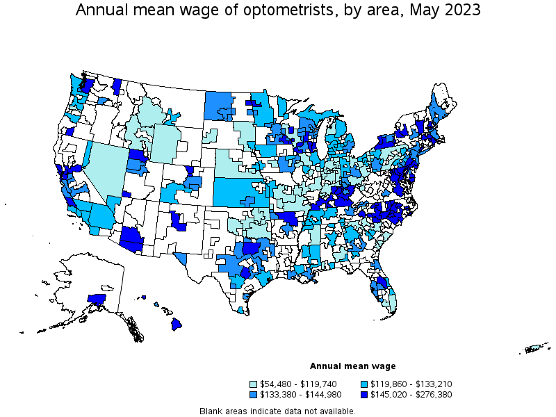 Map of annual mean wages of optometrists by area, May 2023