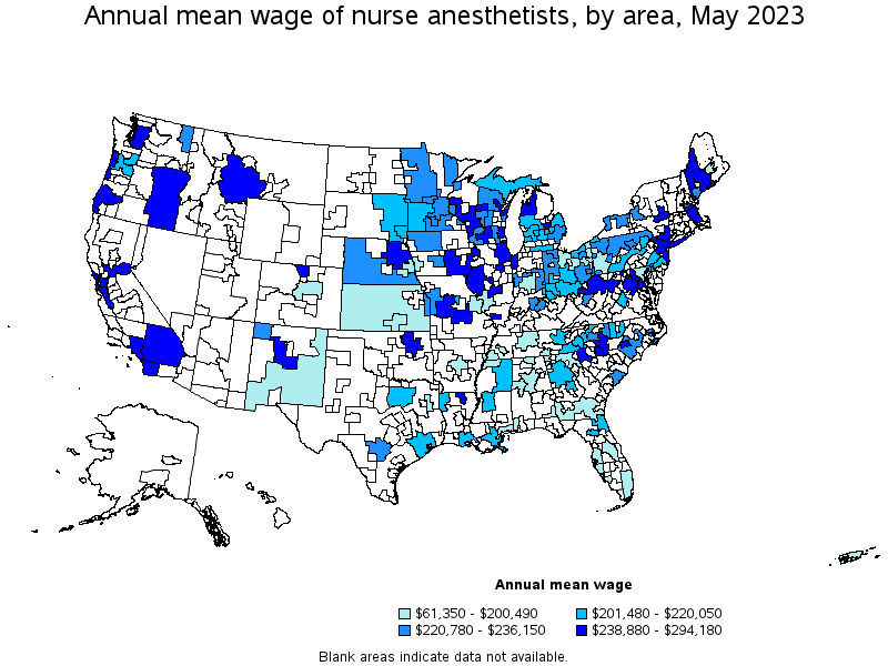 Map of annual mean wages of nurse anesthetists by area, May 2023