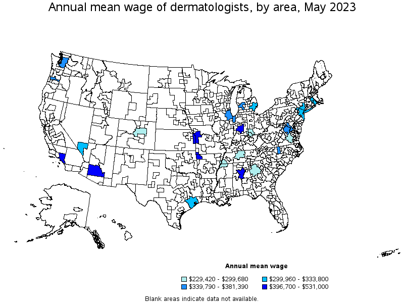 Map of annual mean wages of dermatologists by area, May 2023