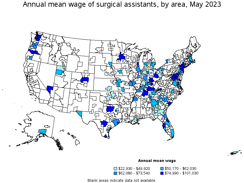 Map of annual mean wages of surgical assistants by area, May 2023