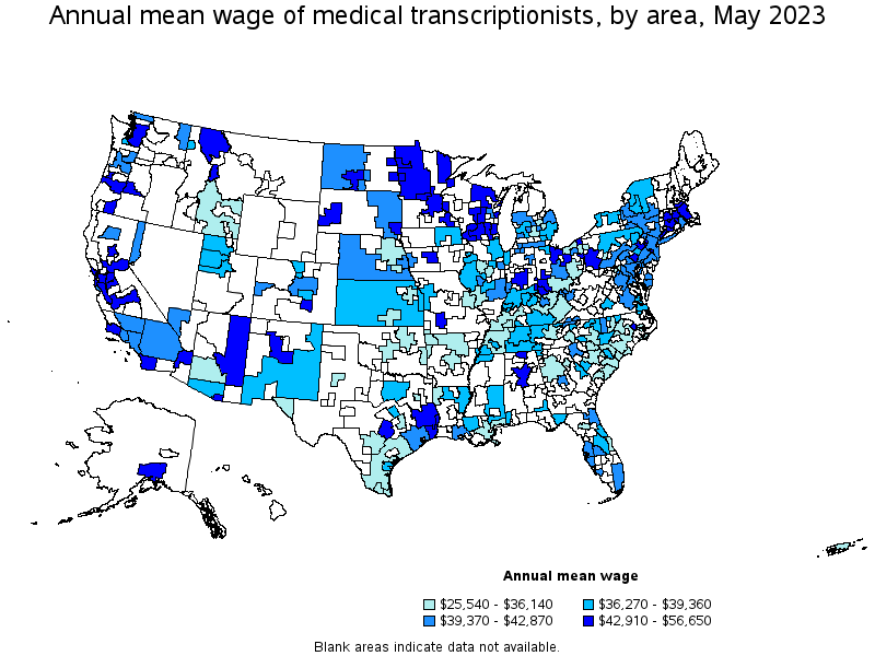 Map of annual mean wages of medical transcriptionists by area, May 2023