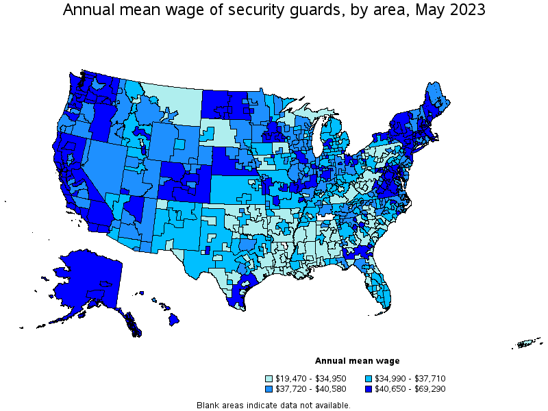 Map of annual mean wages of security guards by area, May 2023
