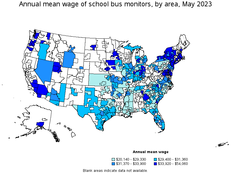 Map of annual mean wages of school bus monitors by area, May 2023