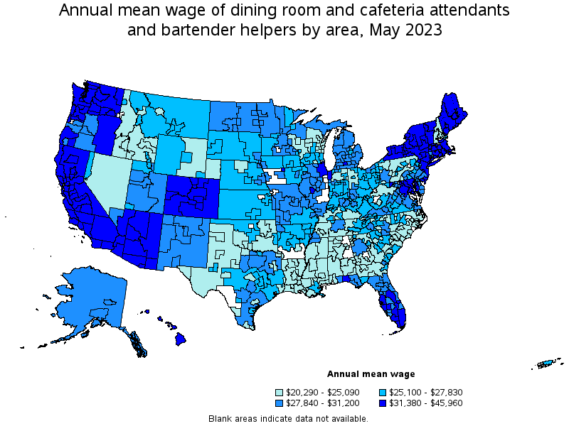 Map of annual mean wages of dining room and cafeteria attendants and bartender helpers by area, May 2023