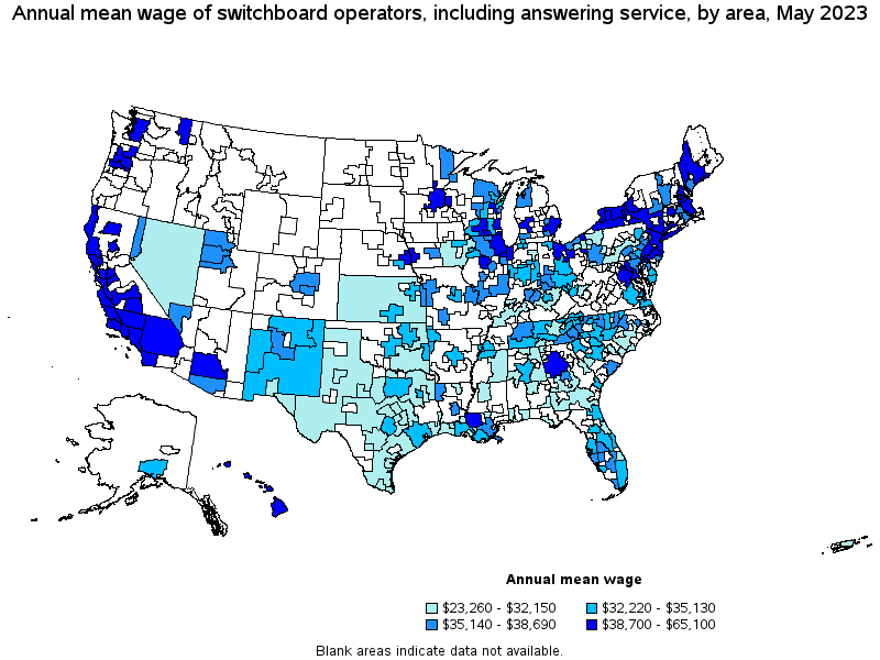 Map of annual mean wages of switchboard operators, including answering service by area, May 2023