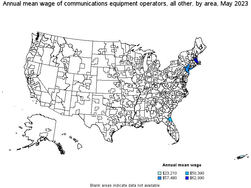 Map of annual mean wages of communications equipment operators, all other by area, May 2023