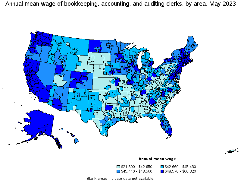 Map of annual mean wages of bookkeeping, accounting, and auditing clerks by area, May 2023