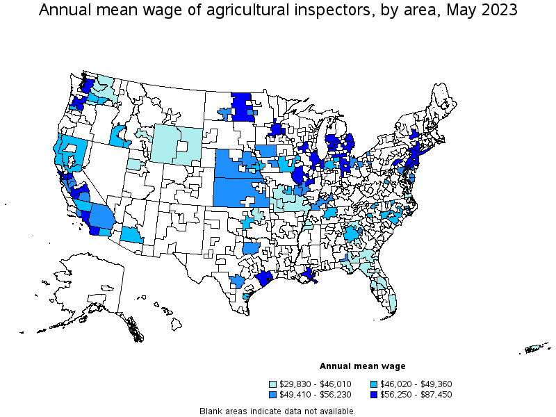Map of annual mean wages of agricultural inspectors by area, May 2023