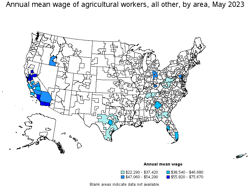 Map of annual mean wages of agricultural workers, all other by area, May 2023