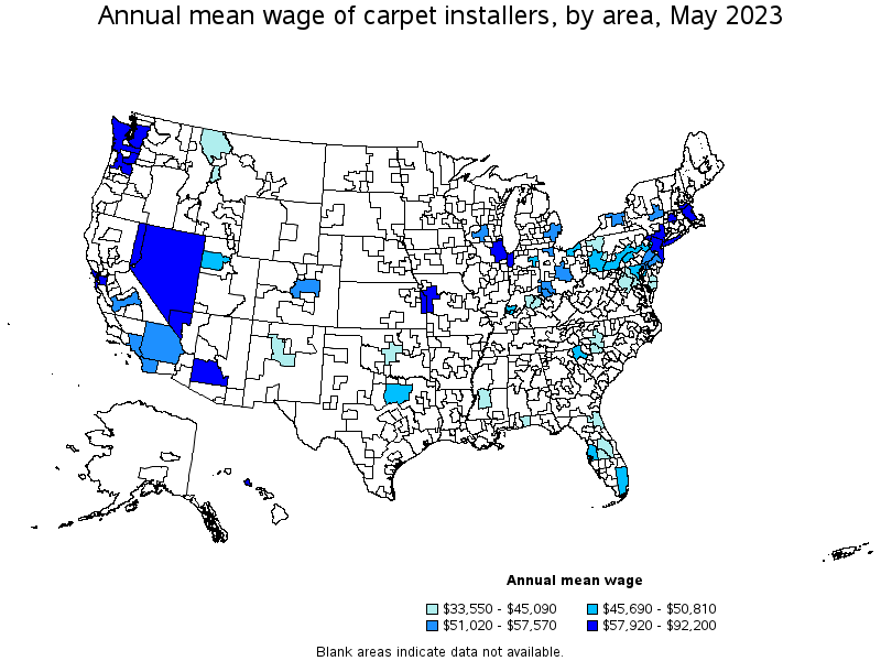 Map of annual mean wages of carpet installers by area, May 2023