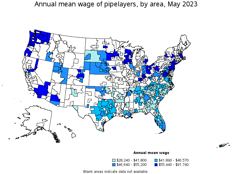 Map of annual mean wages of pipelayers by area, May 2023