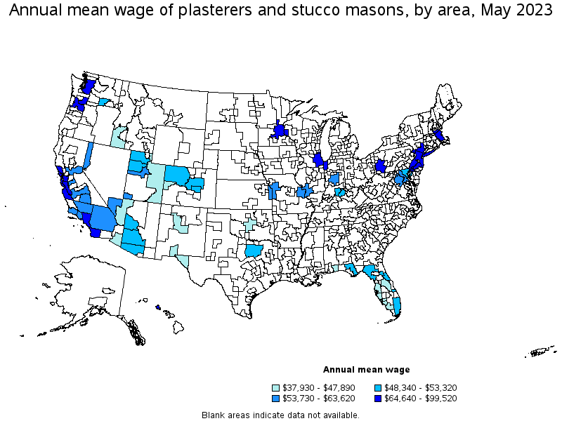 Map of annual mean wages of plasterers and stucco masons by area, May 2023