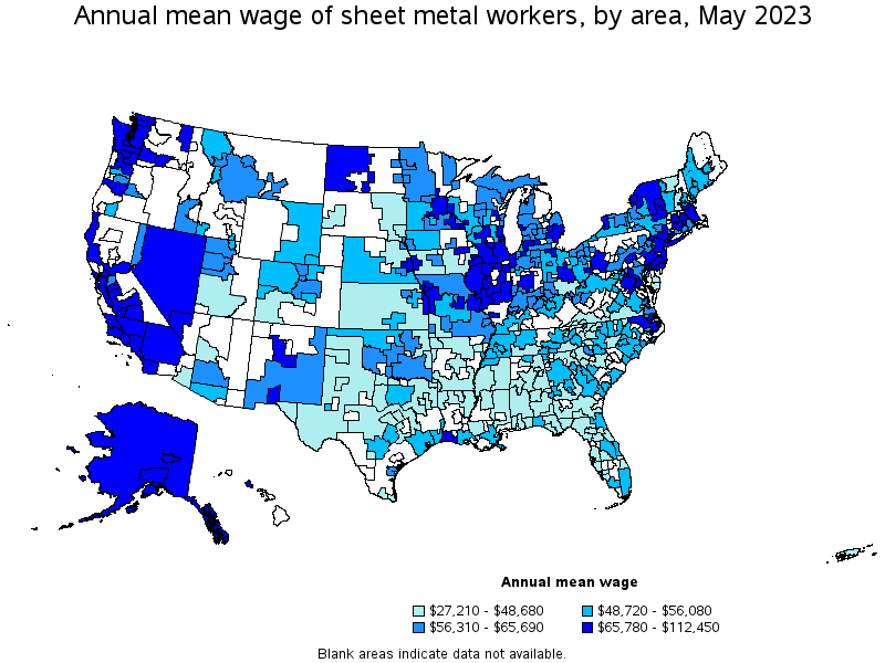 Map of annual mean wages of sheet metal workers by area, May 2022