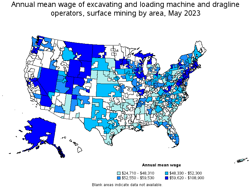 Map of annual mean wages of excavating and loading machine and dragline operators, surface mining by area, May 2023