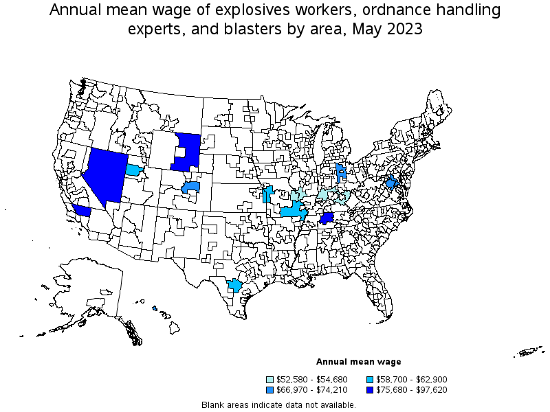 Map of annual mean wages of explosives workers, ordnance handling experts, and blasters by area, May 2023