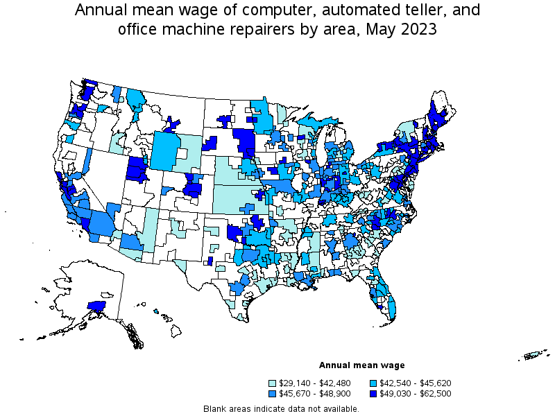 Map of annual mean wages of computer, automated teller, and office machine repairers by area, May 2023