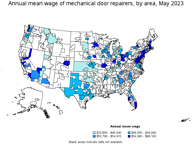 Map of annual mean wages of mechanical door repairers by area, May 2023