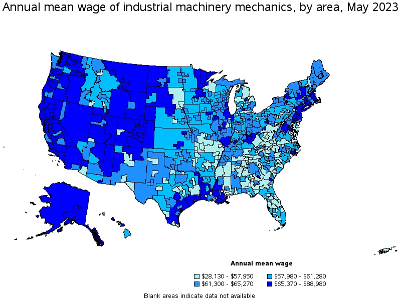 Map of annual mean wages of industrial machinery mechanics by area, May 2023