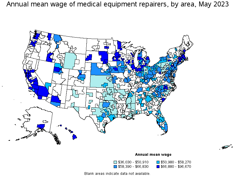 Map of annual mean wages of medical equipment repairers by area, May 2023