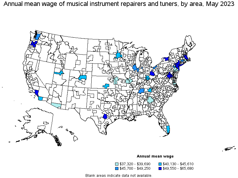Map of annual mean wages of musical instrument repairers and tuners by area, May 2023