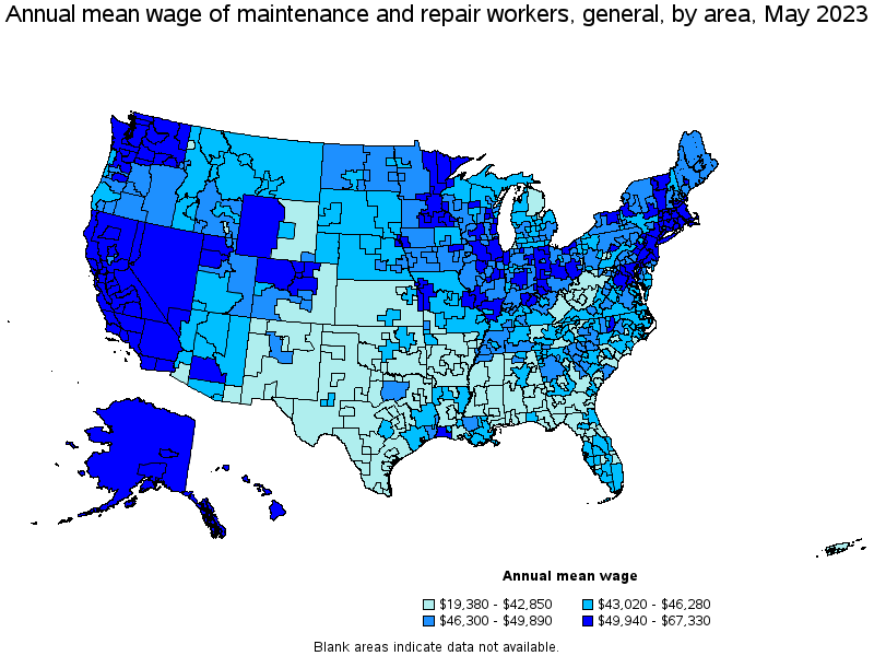 Map of annual mean wages of maintenance and repair workers, general by area, May 2022