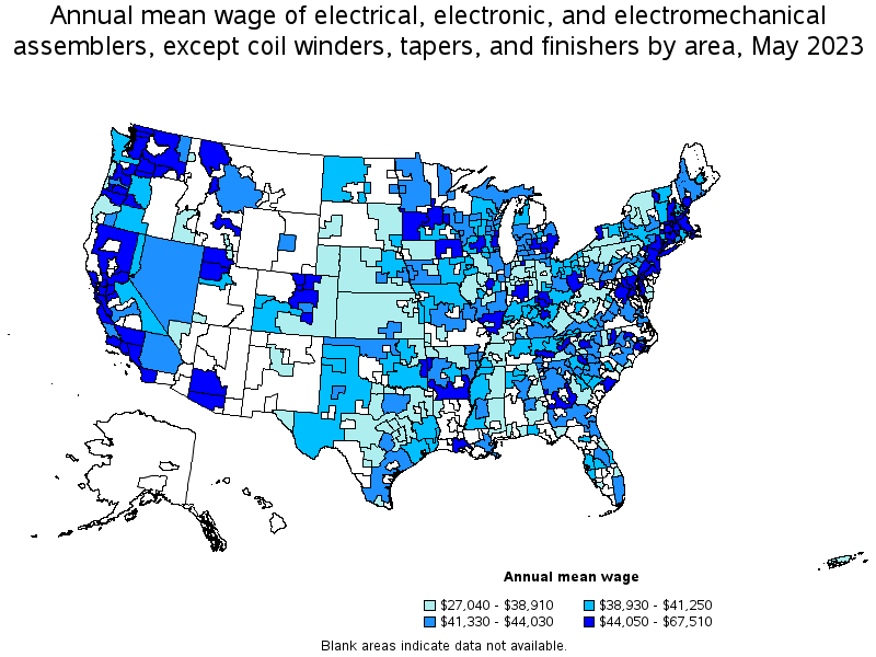 Map of annual mean wages of electrical, electronic, and electromechanical assemblers, except coil winders, tapers, and finishers by area, May 2023
