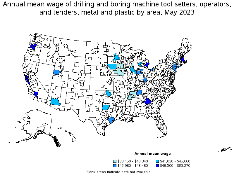 Map of annual mean wages of drilling and boring machine tool setters, operators, and tenders, metal and plastic by area, May 2023