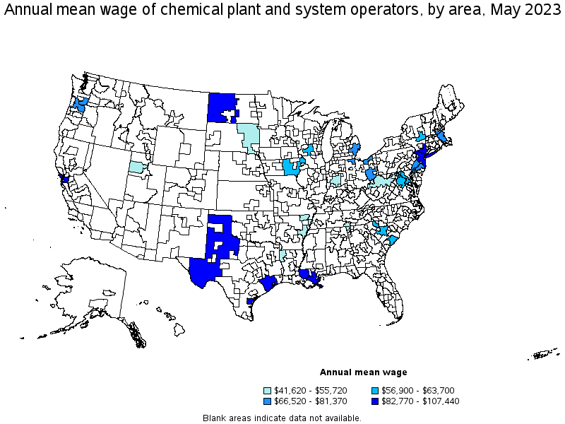 Map of annual mean wages of chemical plant and system operators by area, May 2023