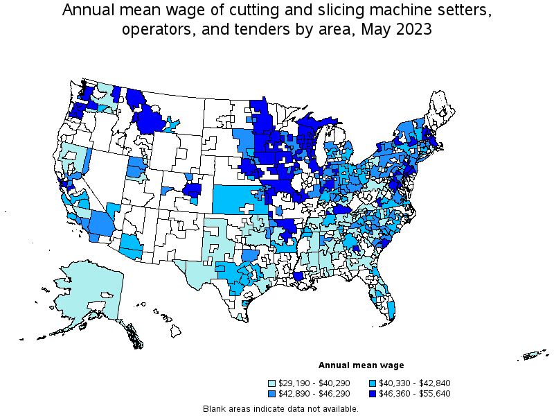 Map of annual mean wages of cutting and slicing machine setters, operators, and tenders by area, May 2023
