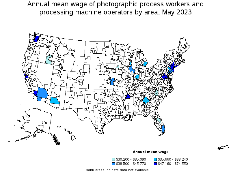 Map of annual mean wages of photographic process workers and processing machine operators by area, May 2023