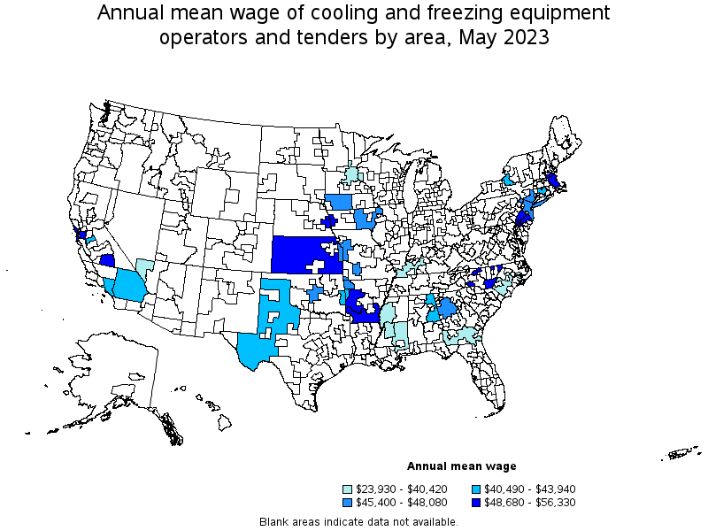 Map of annual mean wages of cooling and freezing equipment operators and tenders by area, May 2023