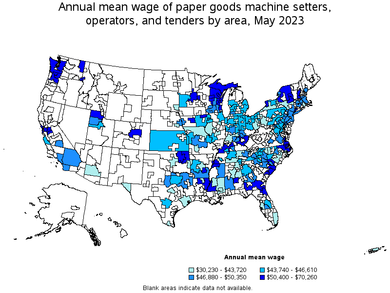 Map of annual mean wages of paper goods machine setters, operators, and tenders by area, May 2023