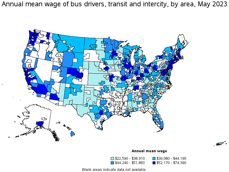 Map of annual mean wages of bus drivers, transit and intercity by area, May 2023